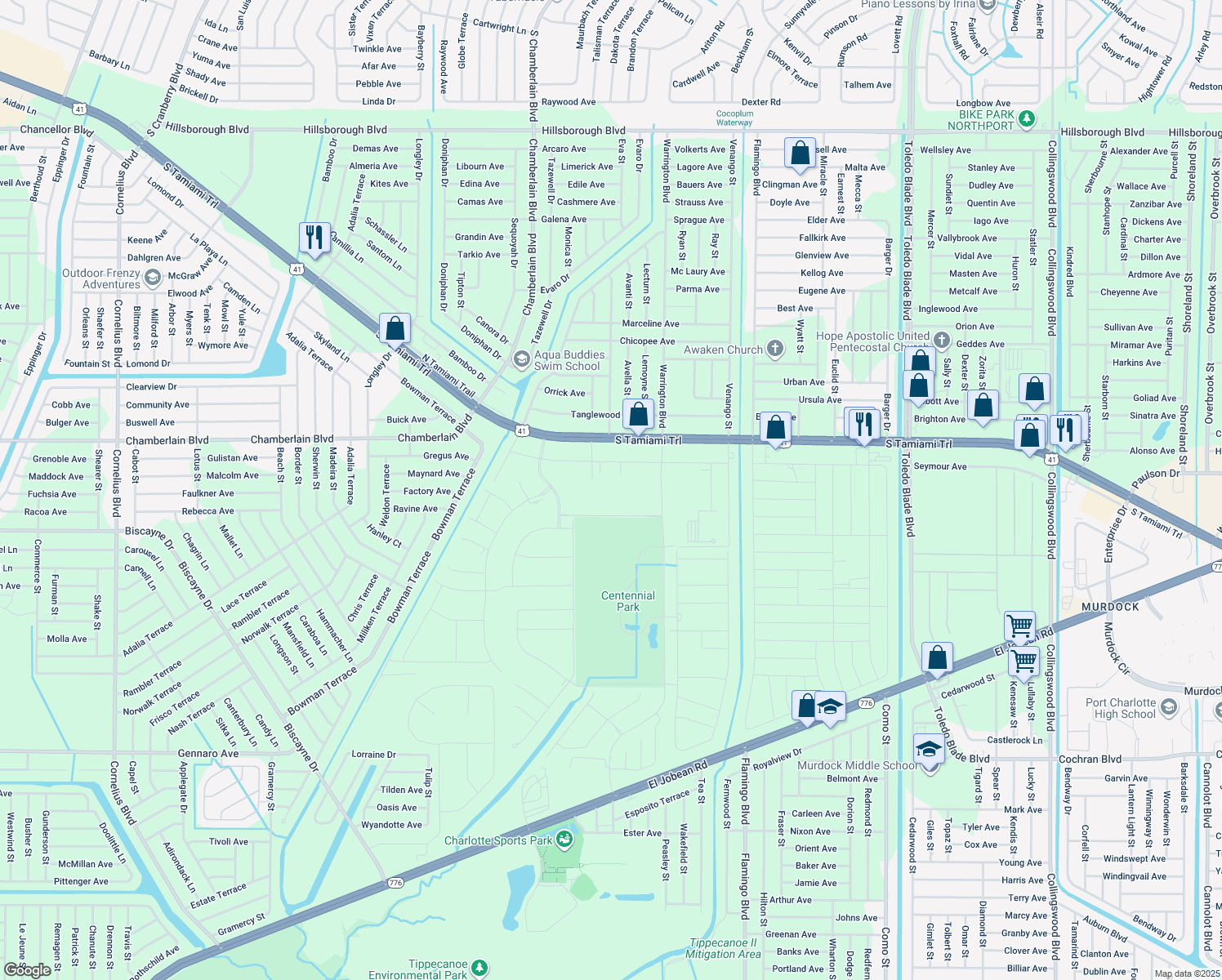 map of restaurants, bars, coffee shops, grocery stores, and more near 1051 O Donnell Boulevard in Port Charlotte