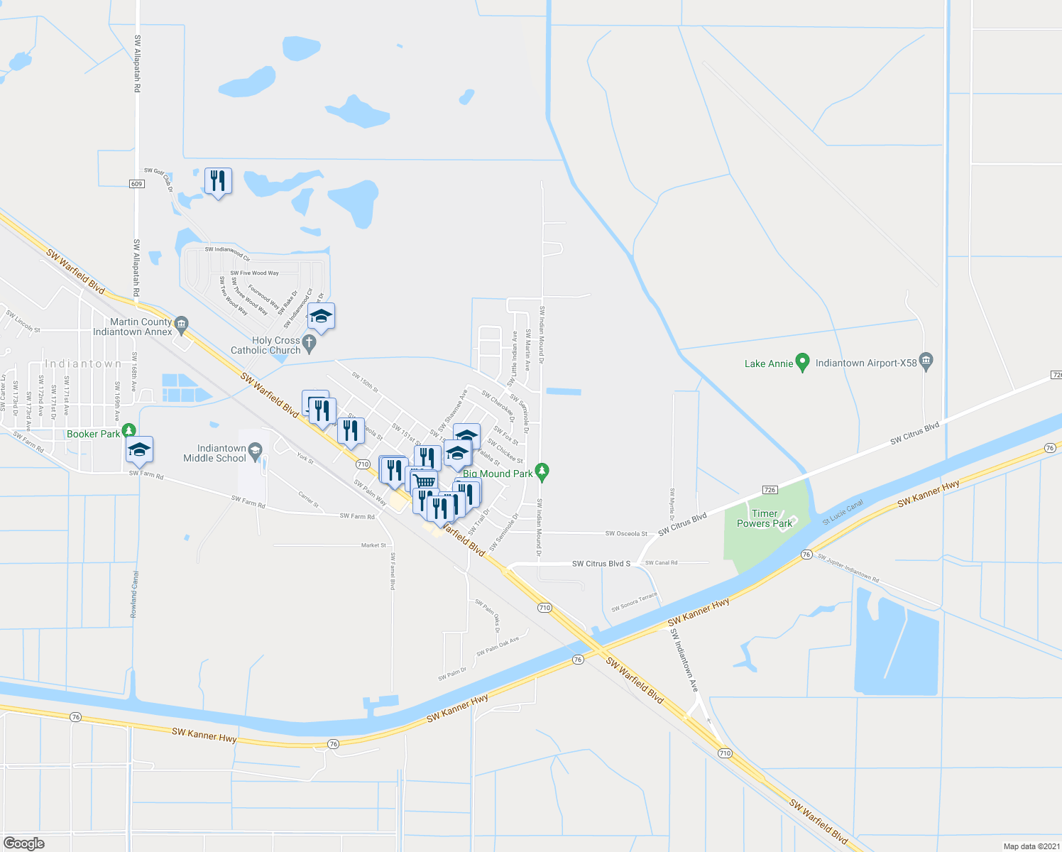 map of restaurants, bars, coffee shops, grocery stores, and more near 14955 SW Seminole Dr in Indiantown