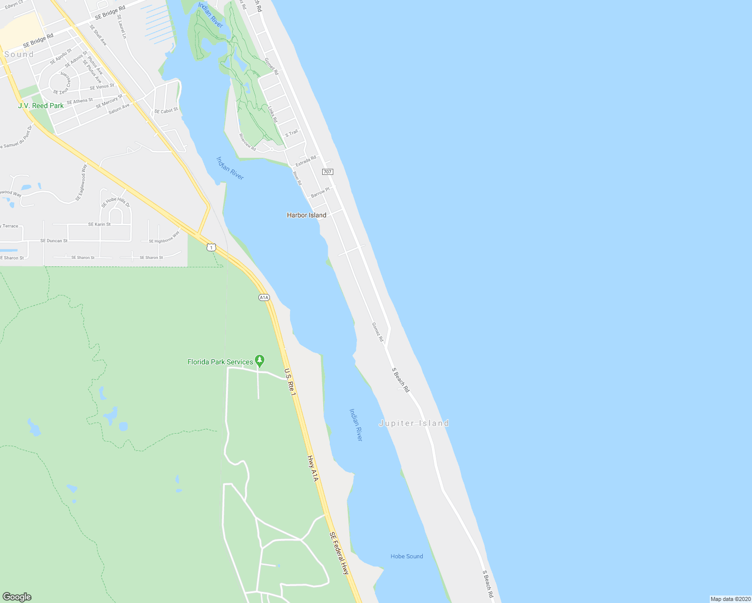 map of restaurants, bars, coffee shops, grocery stores, and more near 182 South Beach Road in Hobe Sound