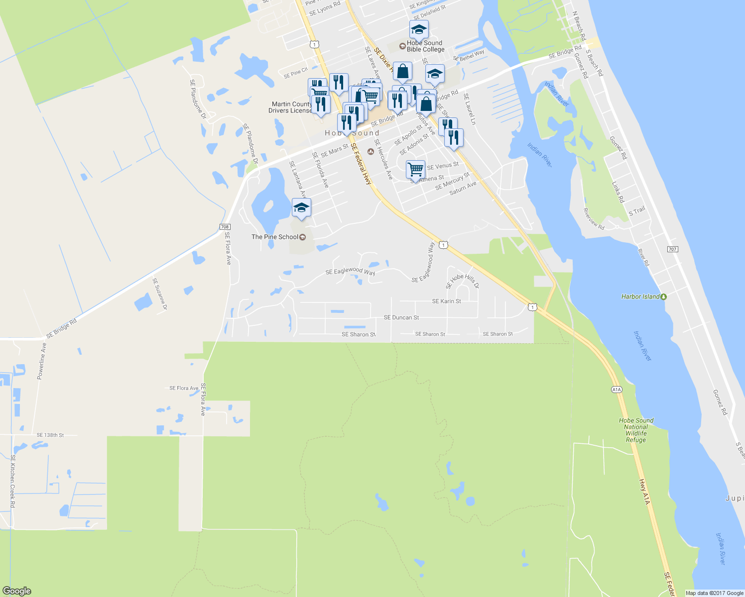 map of restaurants, bars, coffee shops, grocery stores, and more near 8865 Southeast May Terrace in Hobe Sound