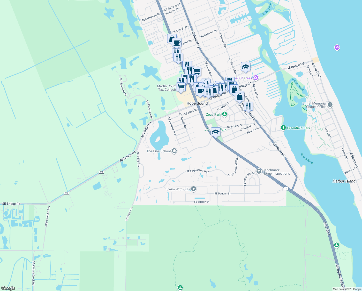 map of restaurants, bars, coffee shops, grocery stores, and more near 8500 Southeast Comus Street in Hobe Sound