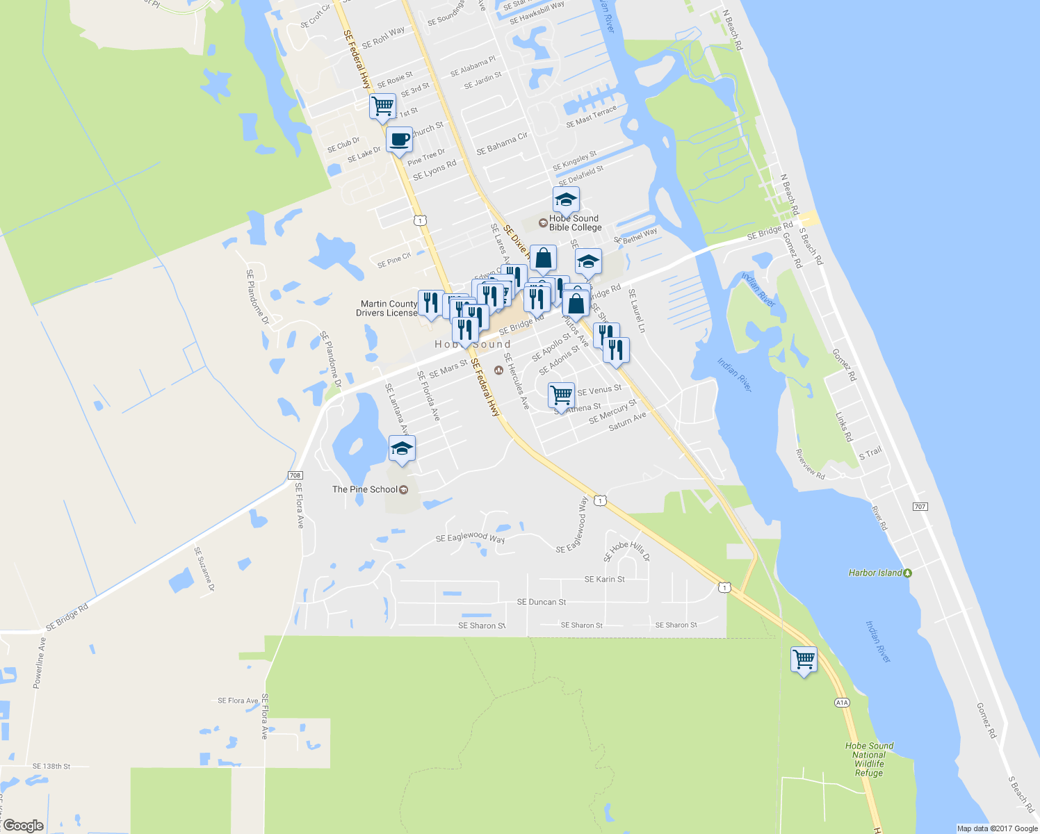 map of restaurants, bars, coffee shops, grocery stores, and more near 9004 Southeast Hercules Avenue in Hobe Sound