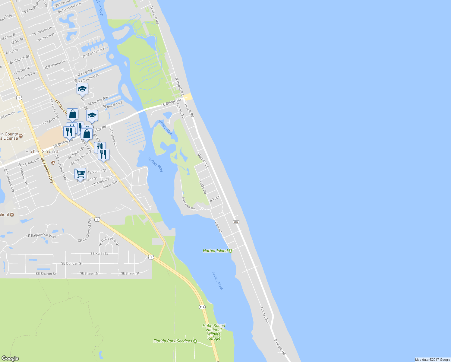 map of restaurants, bars, coffee shops, grocery stores, and more near 75 South Beach Road in Hobe Sound