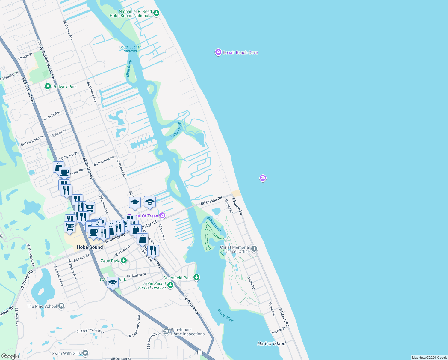map of restaurants, bars, coffee shops, grocery stores, and more near 16 North Beach Road in Hobe Sound