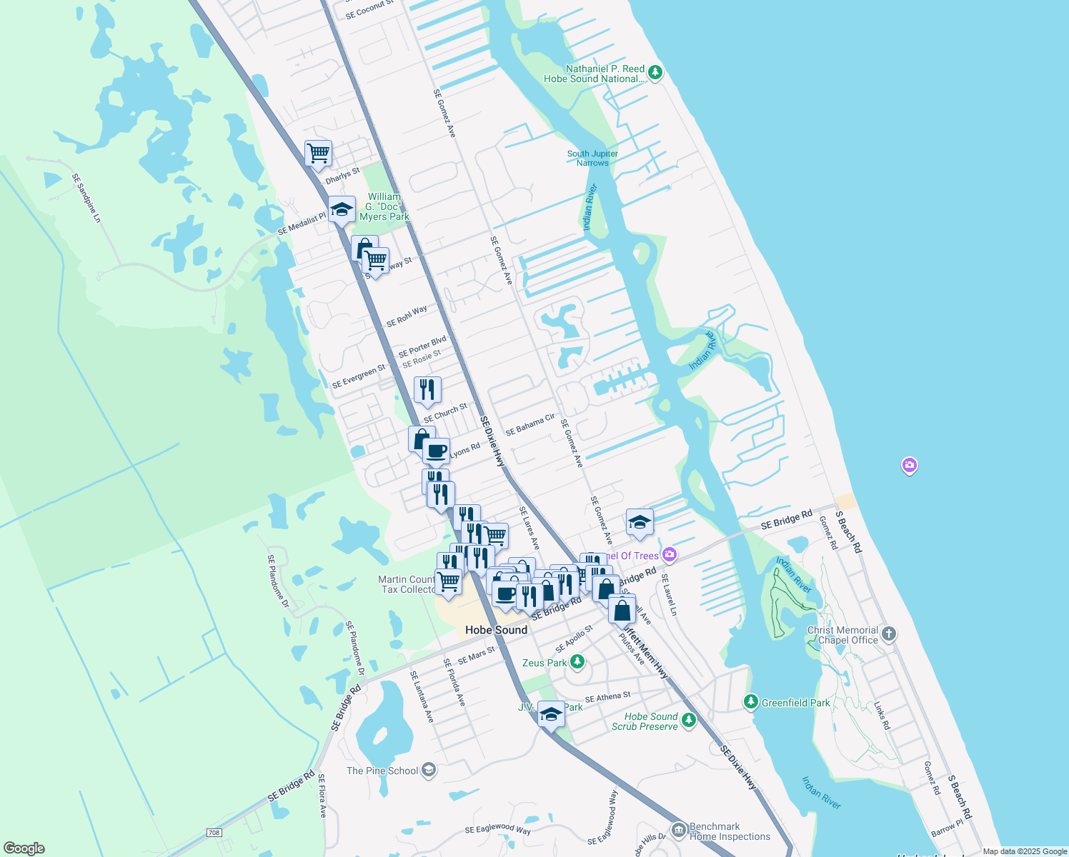 map of restaurants, bars, coffee shops, grocery stores, and more near 8766 Southeast Bahama Circle in Hobe Sound