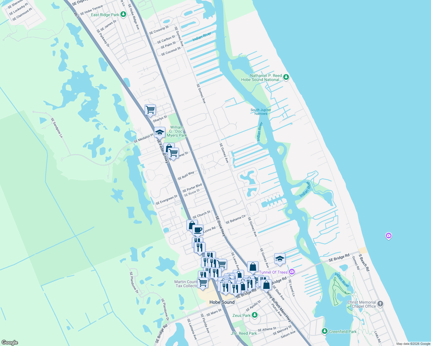 map of restaurants, bars, coffee shops, grocery stores, and more near 8648 Southeast Woodwind Street in Hobe Sound