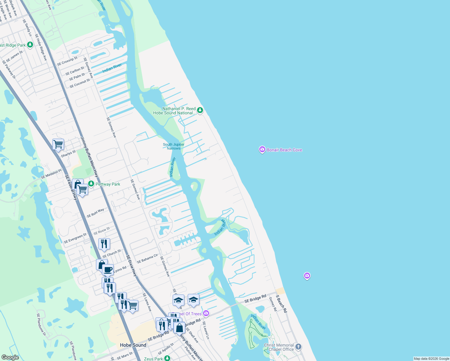 map of restaurants, bars, coffee shops, grocery stores, and more near 112 North Beach Road in Hobe Sound