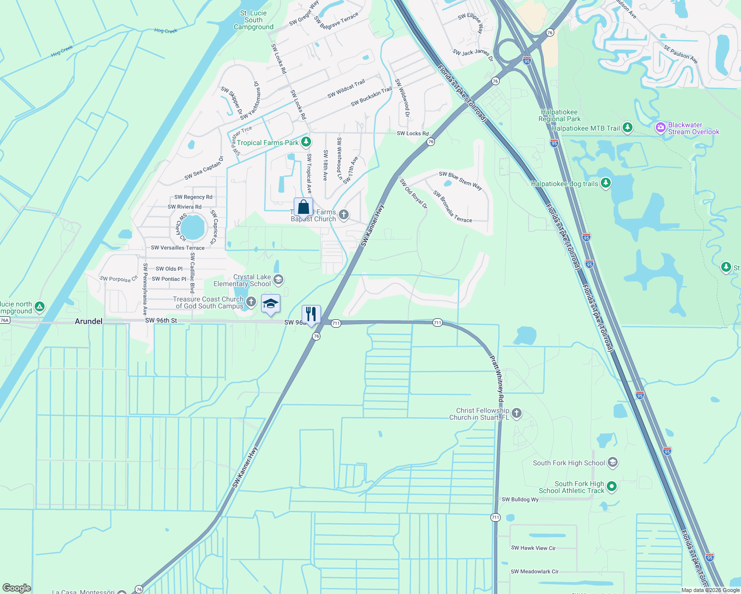 map of restaurants, bars, coffee shops, grocery stores, and more near 1518 Southwest Balmoral Trce in Stuart