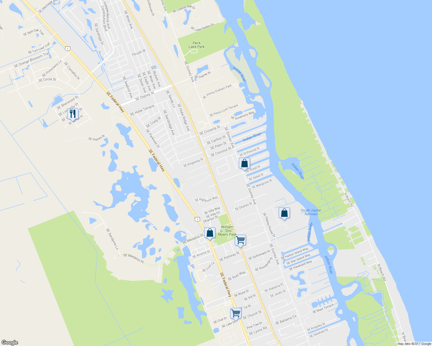 map of restaurants, bars, coffee shops, grocery stores, and more near 8233 Southeast Cumberland Circle in Hobe Sound