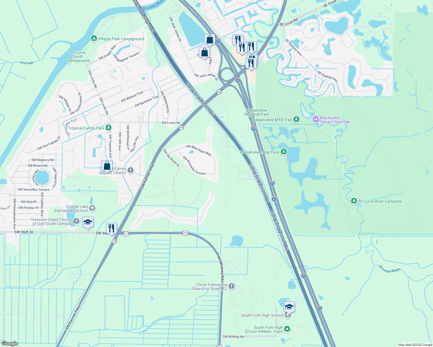 map of restaurants, bars, coffee shops, grocery stores, and more near 725 Southwest Blue Stem Way in Stuart