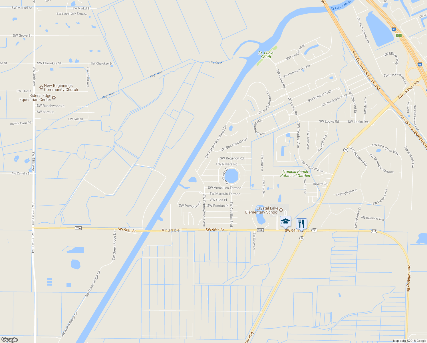 map of restaurants, bars, coffee shops, grocery stores, and more near 2802 Southwest Regal Terrace in Stuart