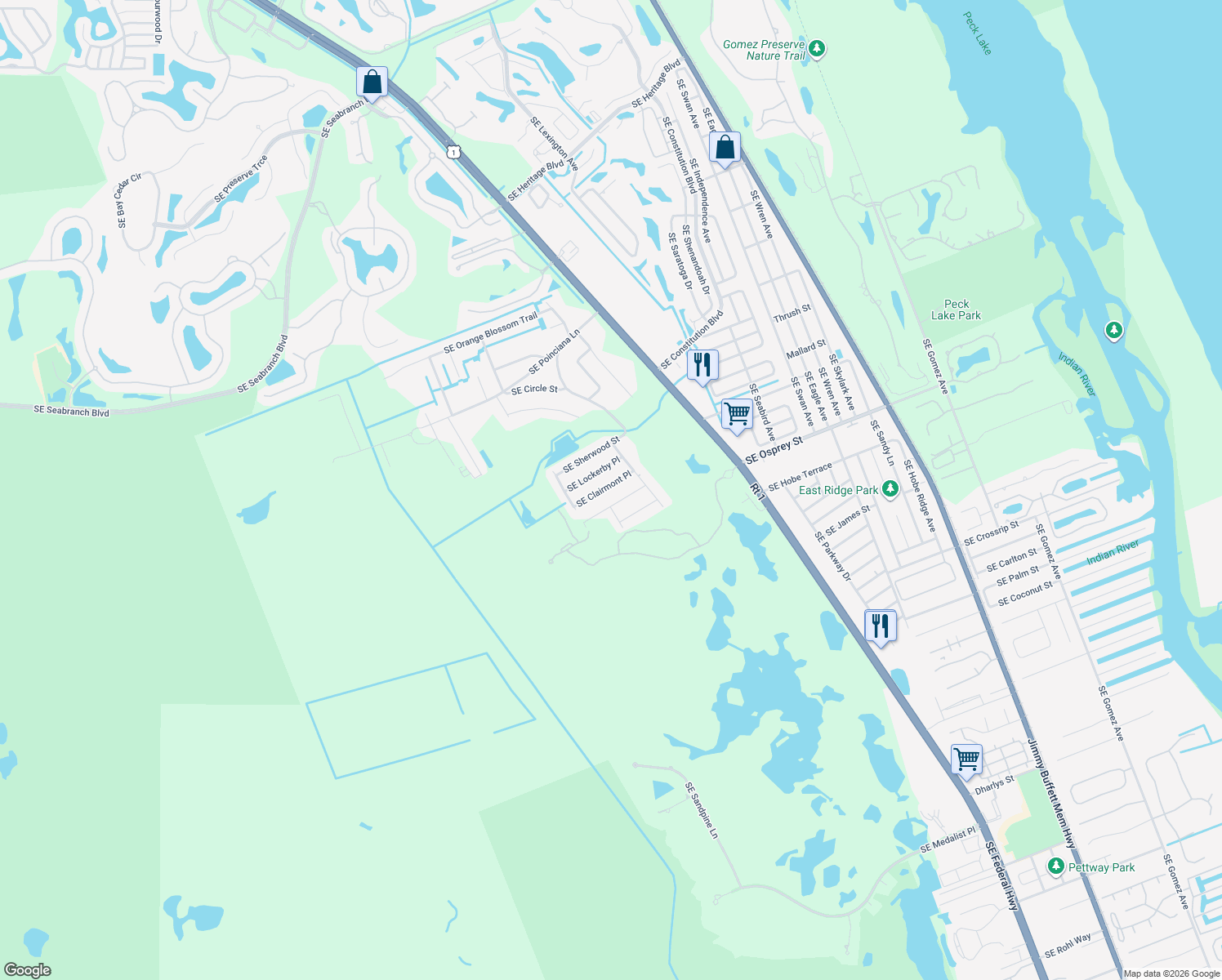 map of restaurants, bars, coffee shops, grocery stores, and more near 6512 Southeast Clairmont Place in Hobe Sound