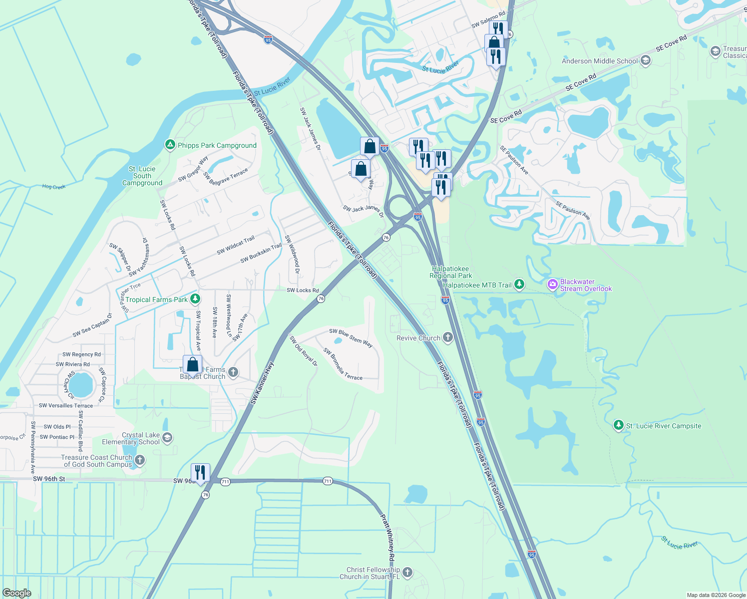 map of restaurants, bars, coffee shops, grocery stores, and more near 8459 Southwest Cruden Bay Court in Stuart