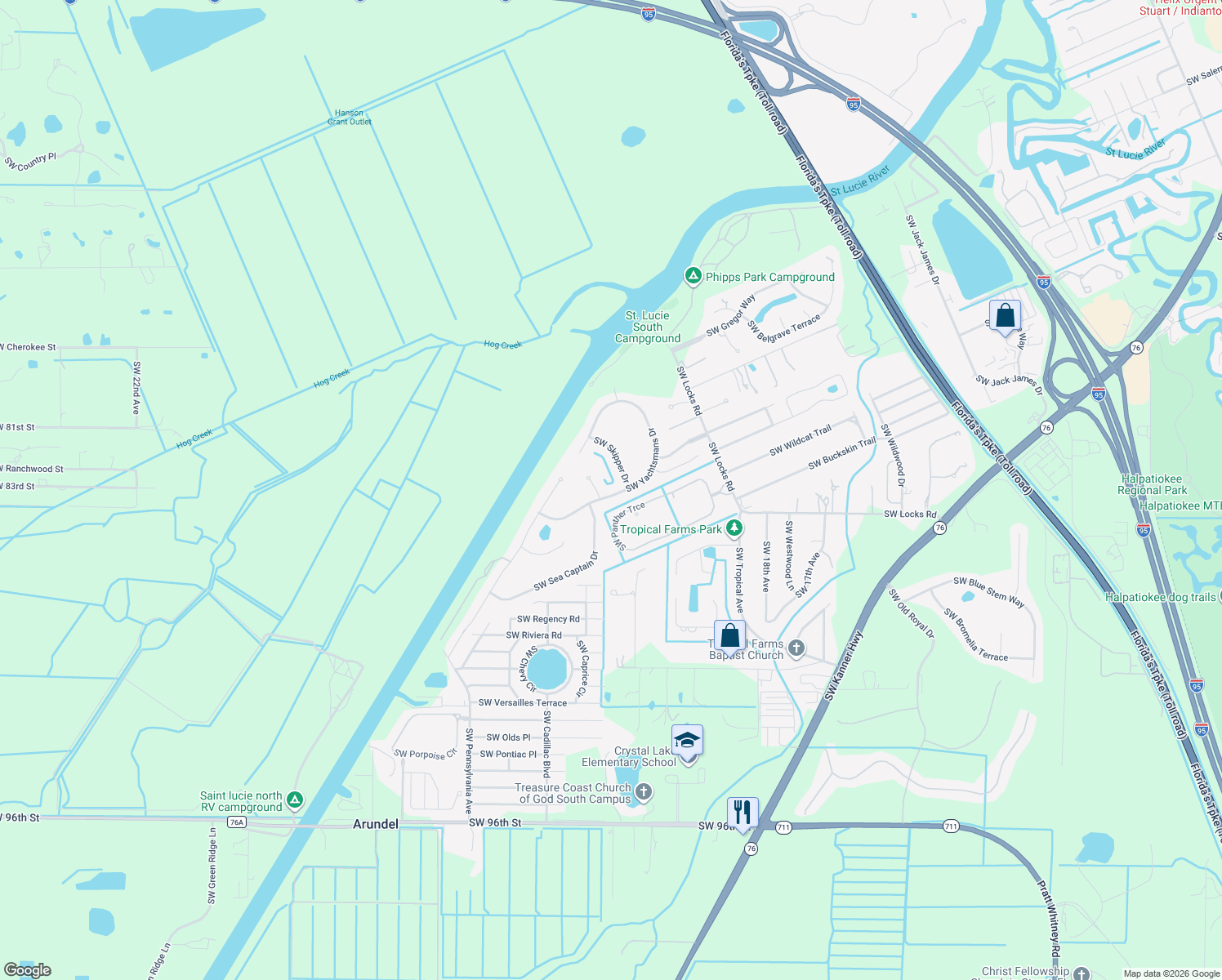 map of restaurants, bars, coffee shops, grocery stores, and more near 8150 Southwest Yachtsmans Drive in Stuart