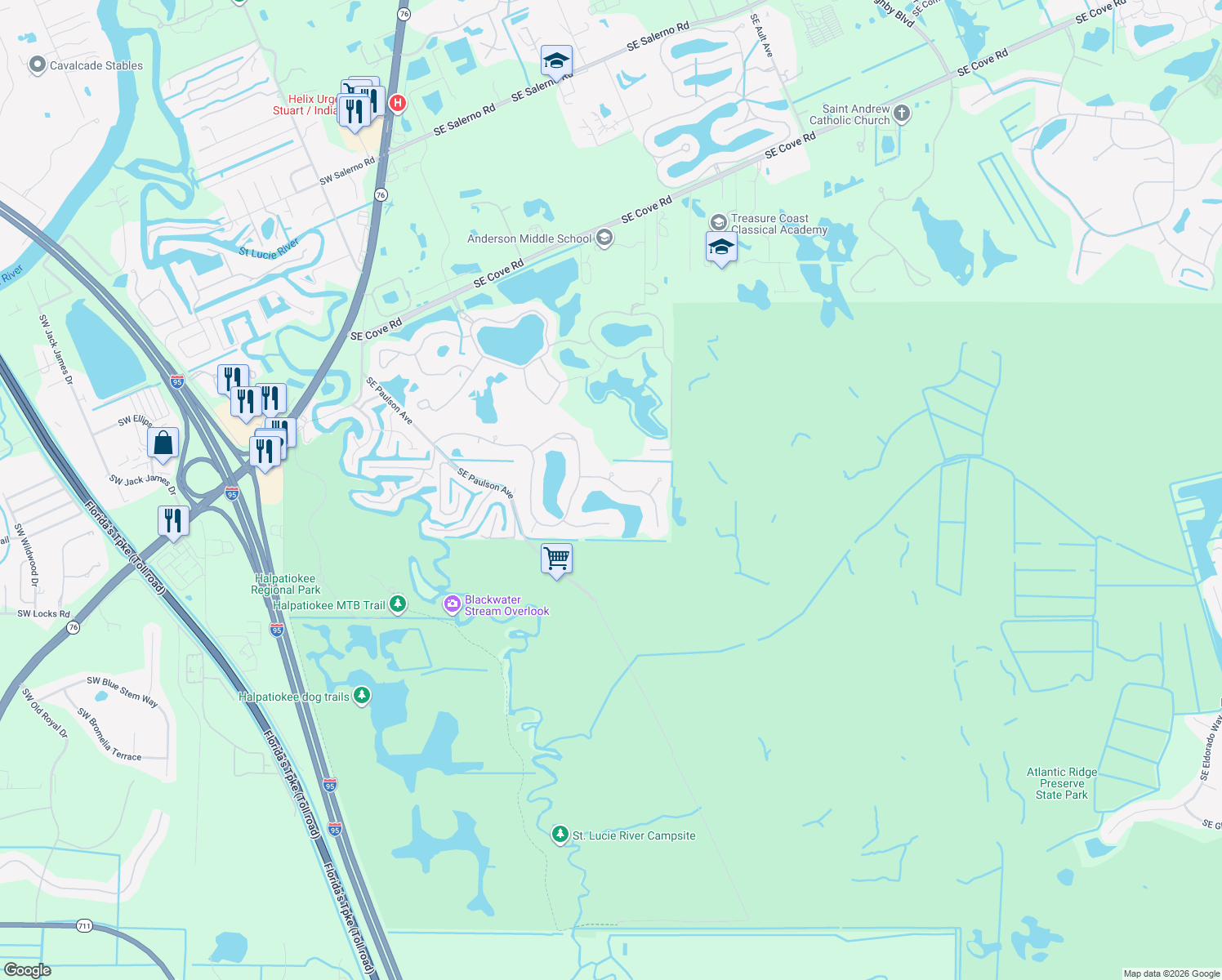 map of restaurants, bars, coffee shops, grocery stores, and more near 800 Southeast Waterside Way in Stuart