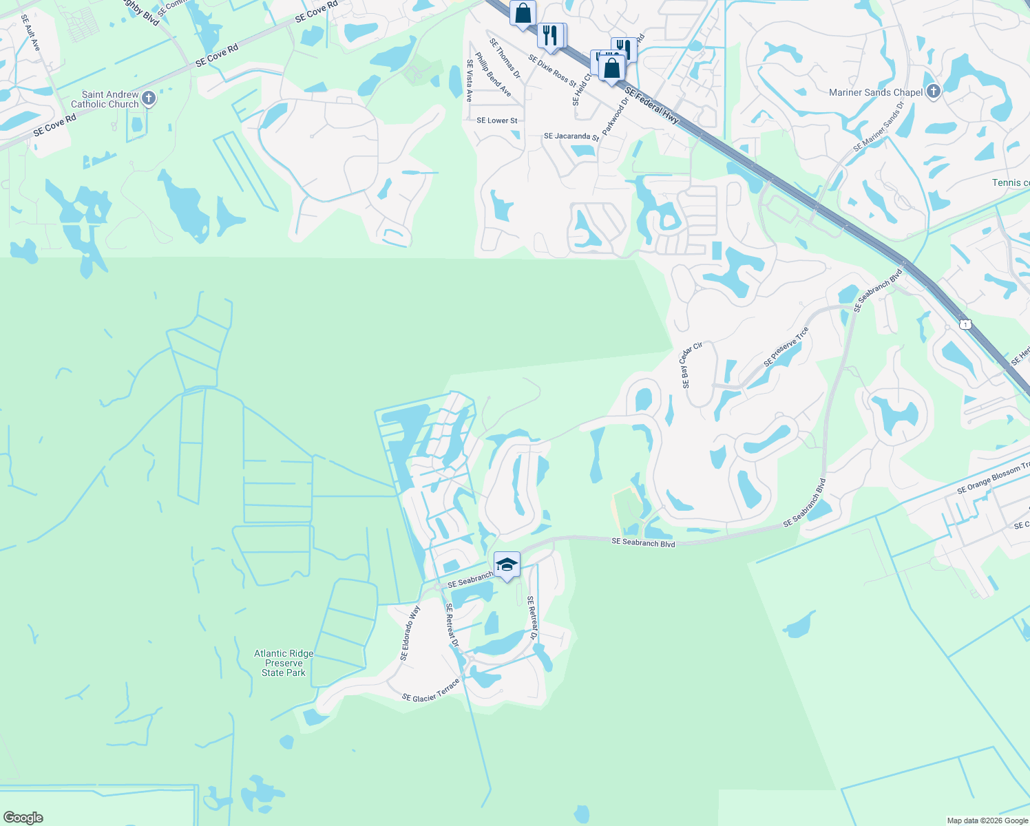 map of restaurants, bars, coffee shops, grocery stores, and more near 8001 Southeast Paurotis Lane in Hobe Sound