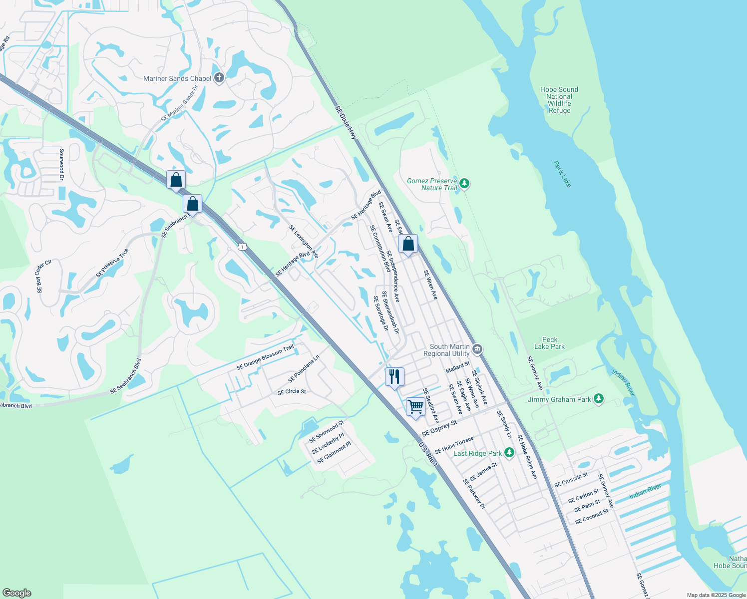 map of restaurants, bars, coffee shops, grocery stores, and more near 7824 Southeast Saratoga Drive in Hobe Sound