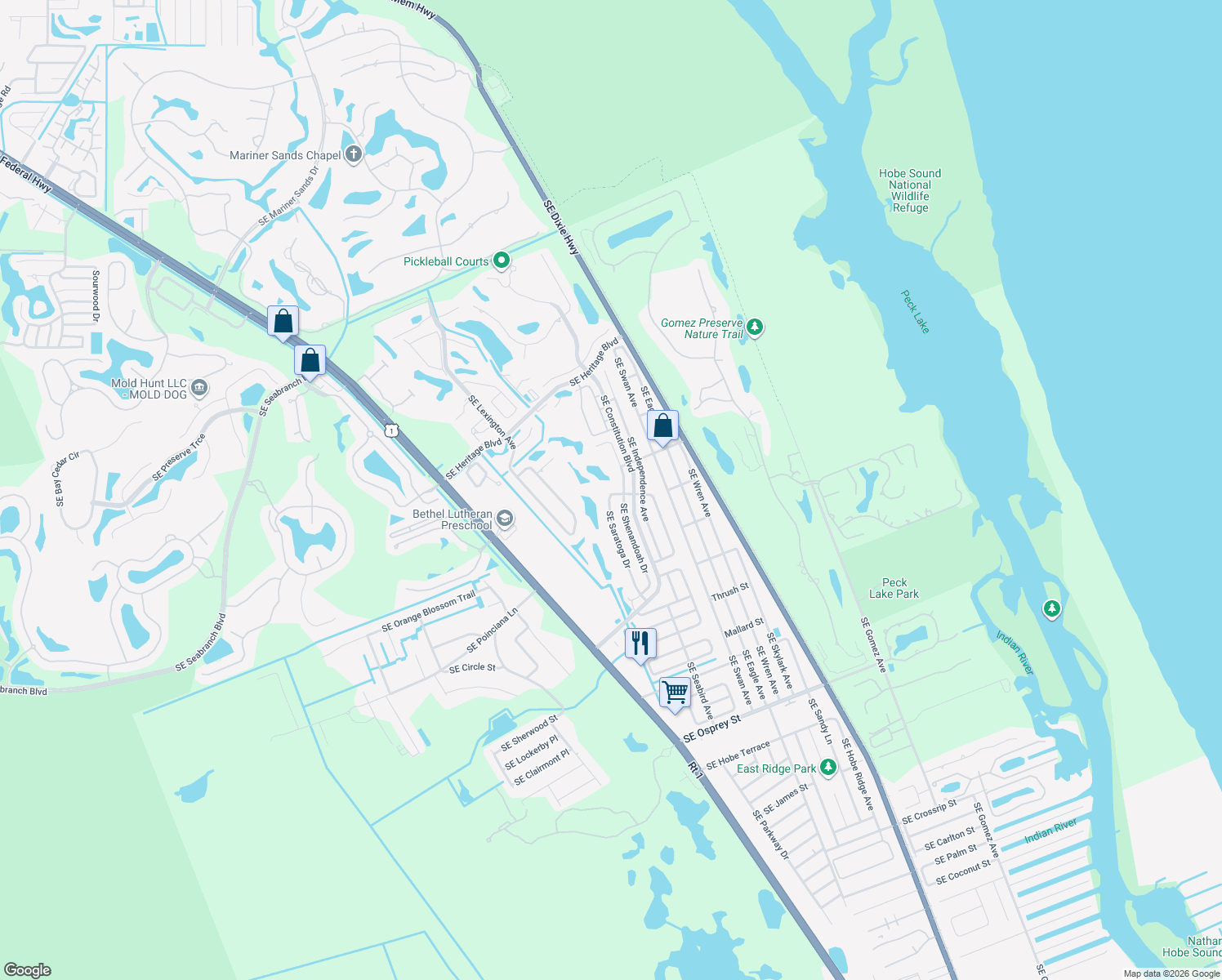 map of restaurants, bars, coffee shops, grocery stores, and more near 7734 Southeast Saratoga Drive in Hobe Sound