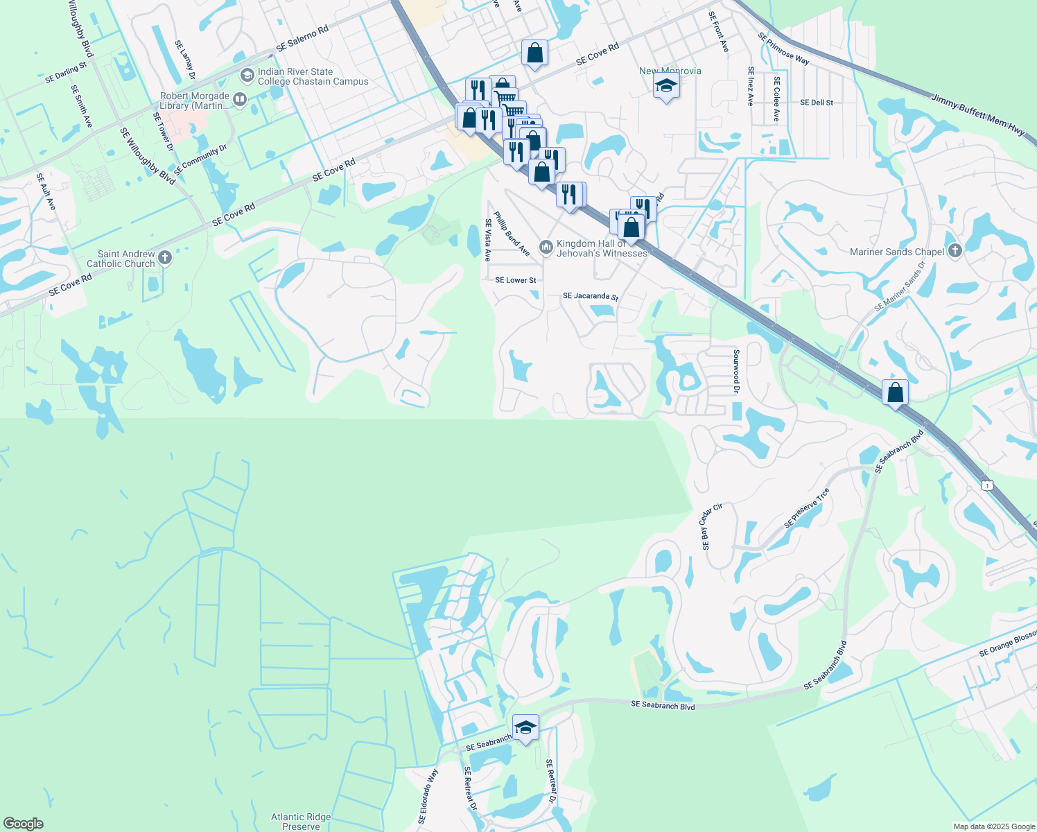 map of restaurants, bars, coffee shops, grocery stores, and more near 7160 Southeast Lillian Court in Stuart