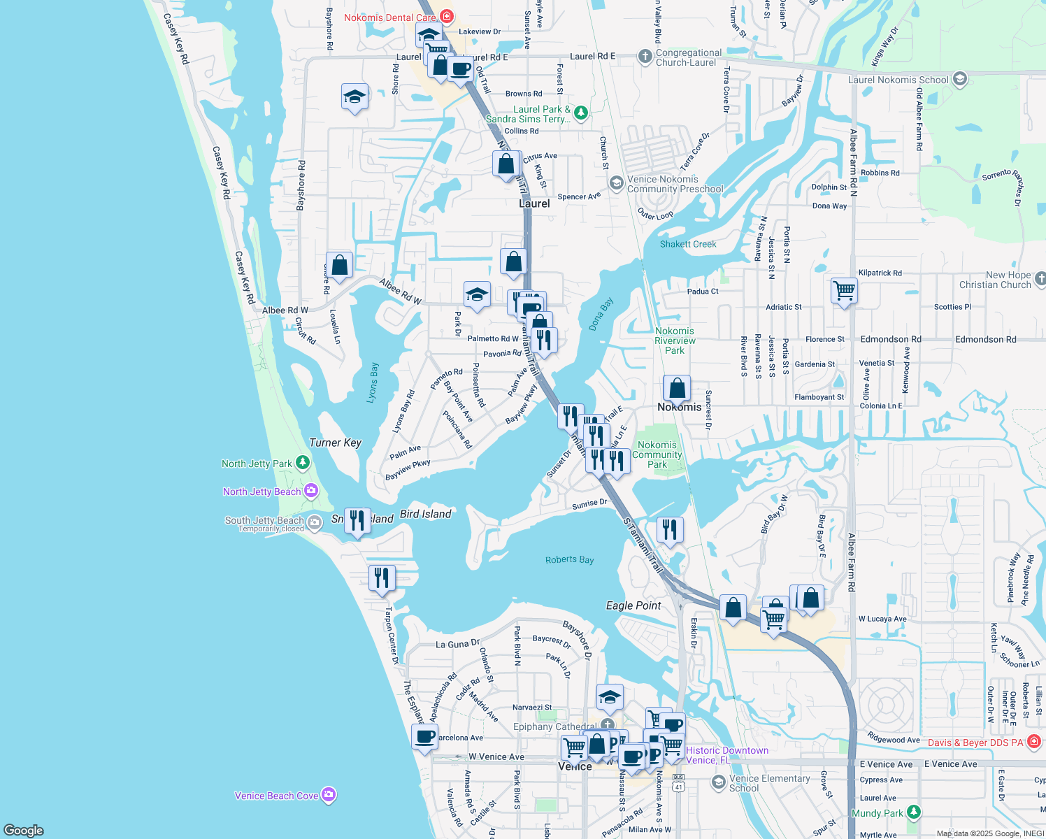 map of restaurants, bars, coffee shops, grocery stores, and more near 205 Bayview Parkway in Nokomis