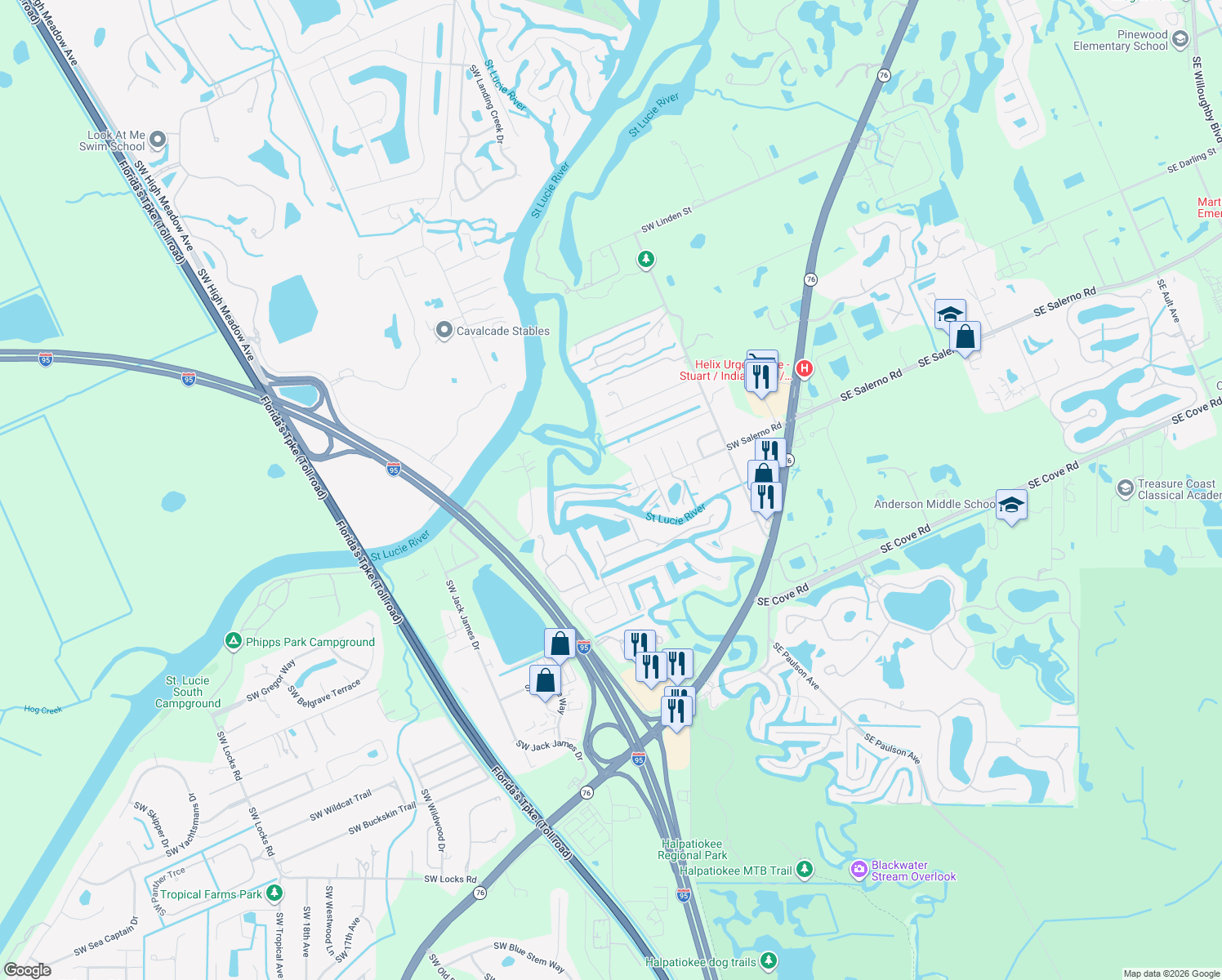 map of restaurants, bars, coffee shops, grocery stores, and more near 625 Southwest Salerno Road in Stuart