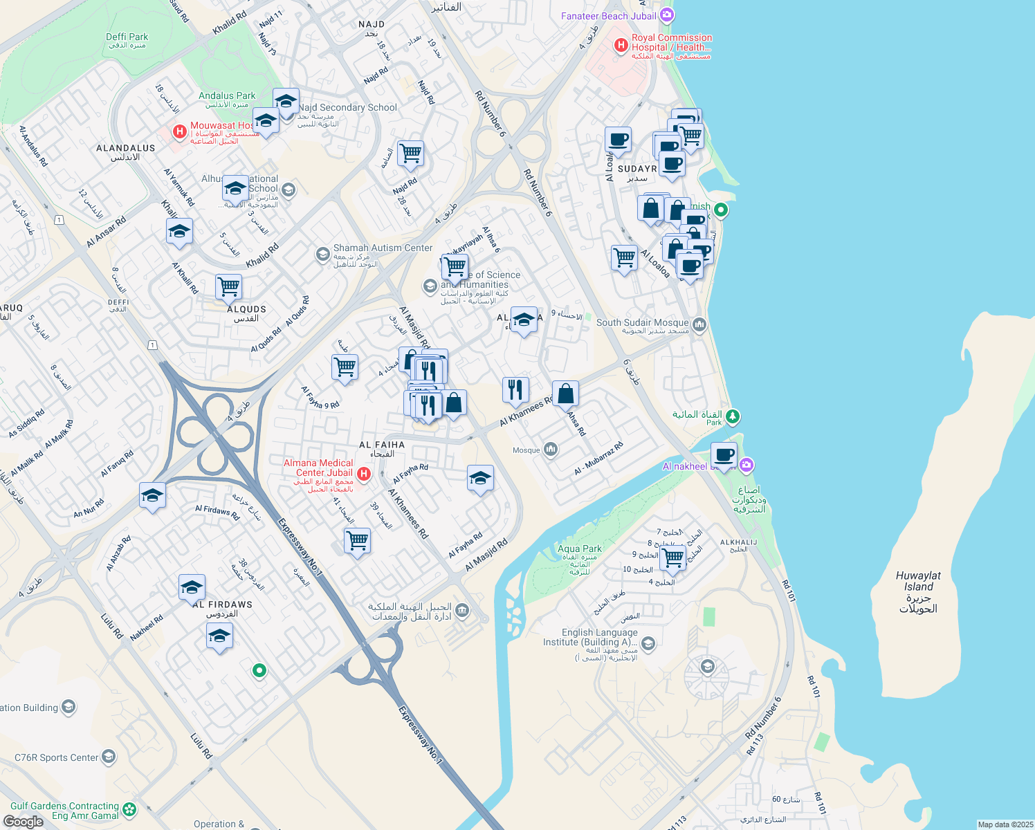 map of restaurants, bars, coffee shops, grocery stores, and more near Al Khamees Road in Al Jubayl