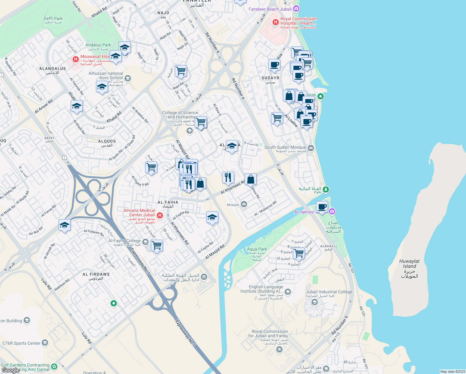 map of restaurants, bars, coffee shops, grocery stores, and more near Al Khamees Road in Al Jubayl