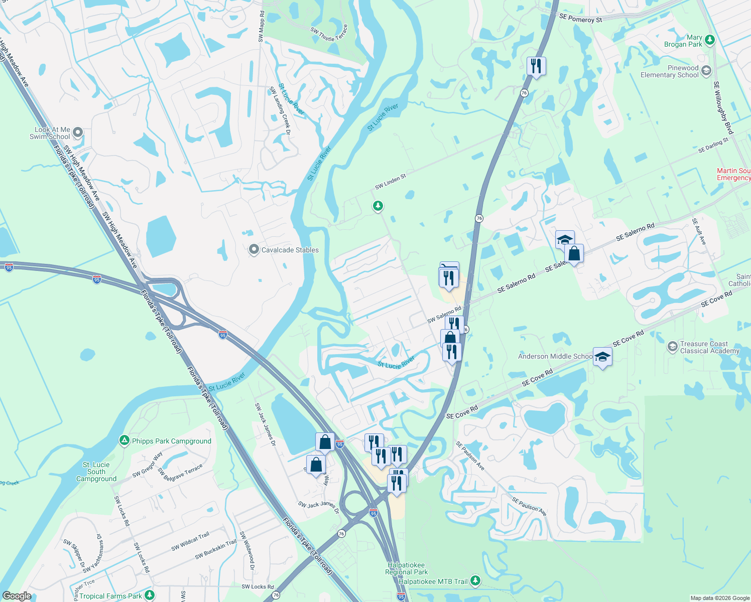 map of restaurants, bars, coffee shops, grocery stores, and more near 495 Southwest Harbor Street in Stuart