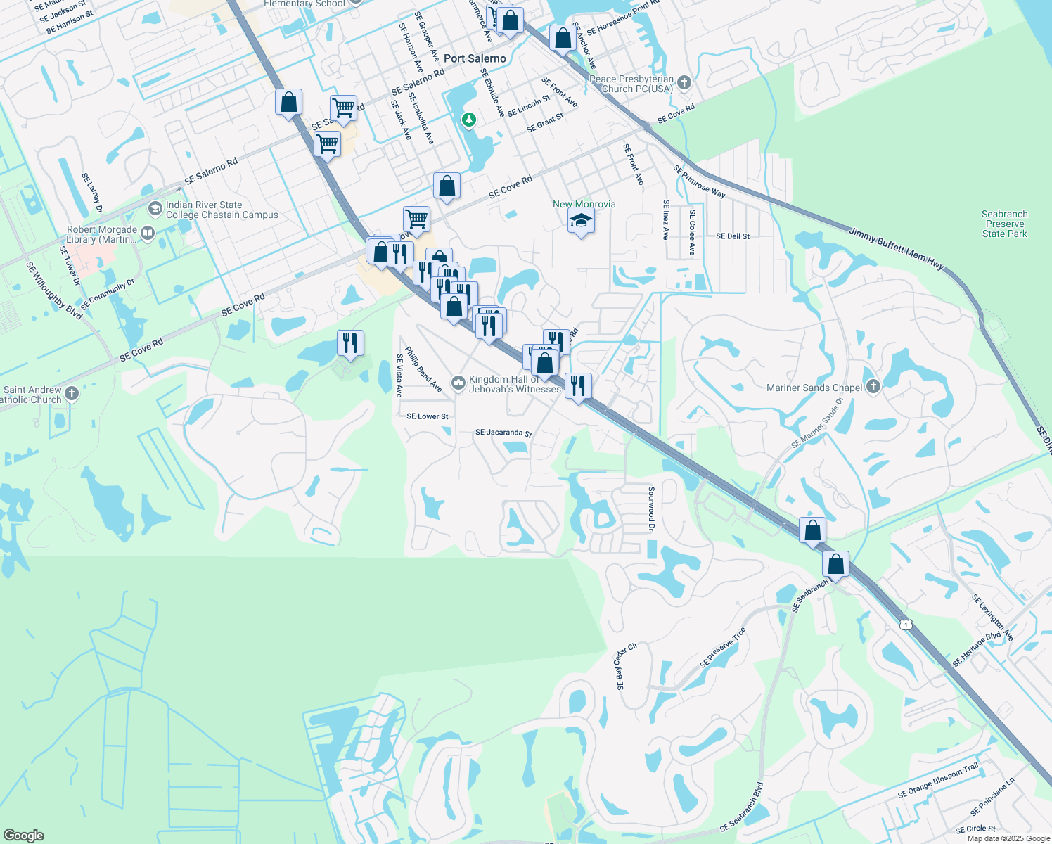 map of restaurants, bars, coffee shops, grocery stores, and more near 4200 Southeast Robert Loop Road in Stuart