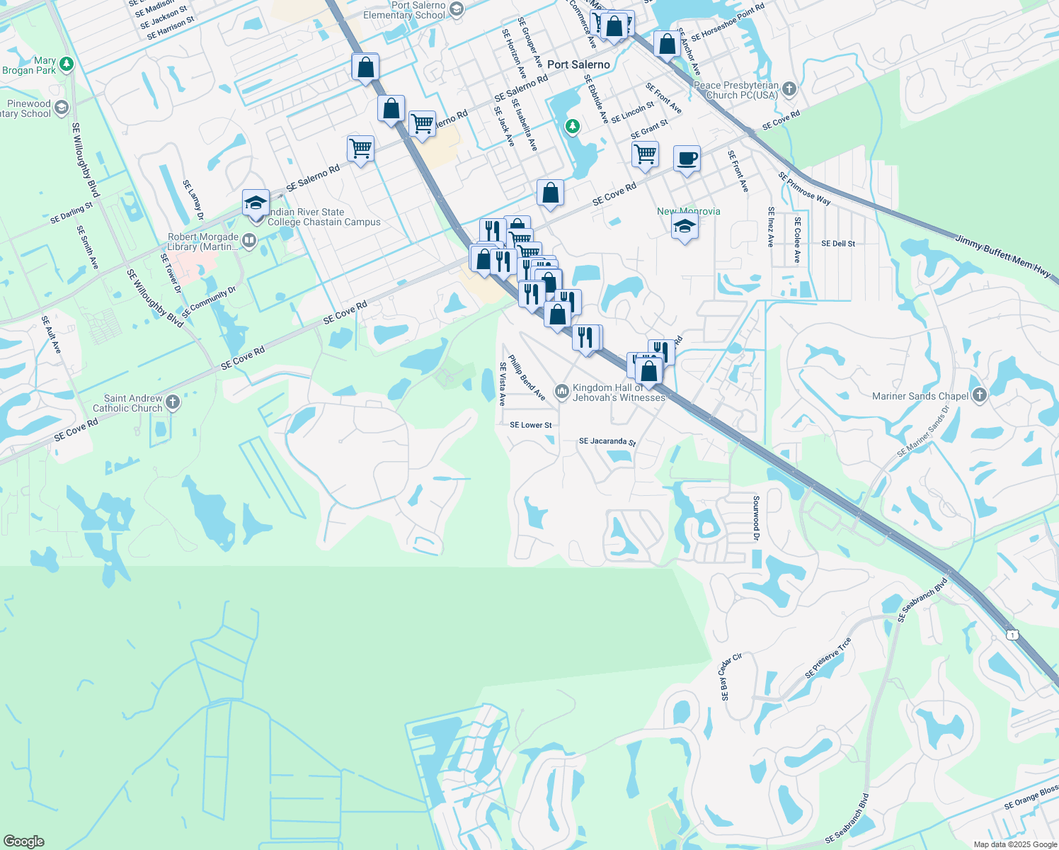 map of restaurants, bars, coffee shops, grocery stores, and more near 3748 Southeast Lower Street in Stuart