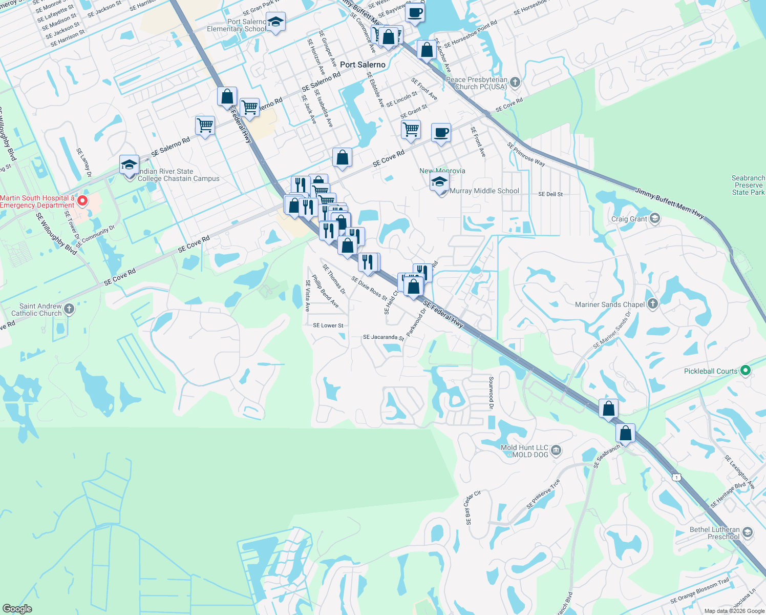 map of restaurants, bars, coffee shops, grocery stores, and more near 6478 Southeast Held Court in Stuart