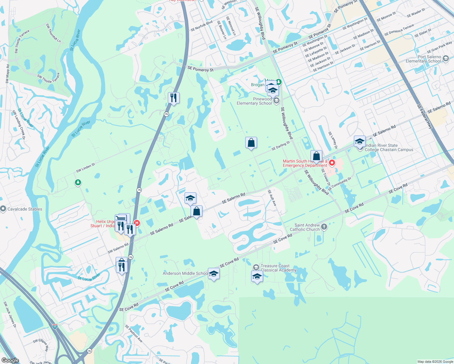 map of restaurants, bars, coffee shops, grocery stores, and more near 6000 Southeast Taylor Drive in Stuart