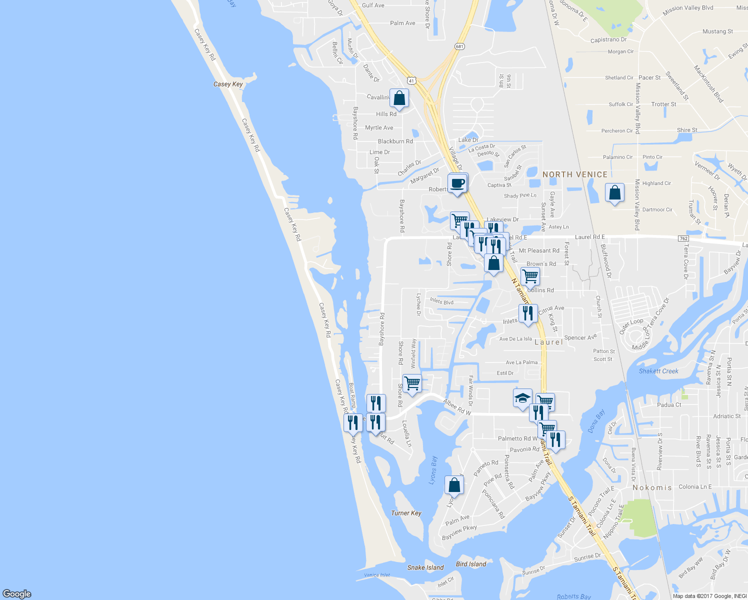 map of restaurants, bars, coffee shops, grocery stores, and more near 705 Bayshore Road in Nokomis