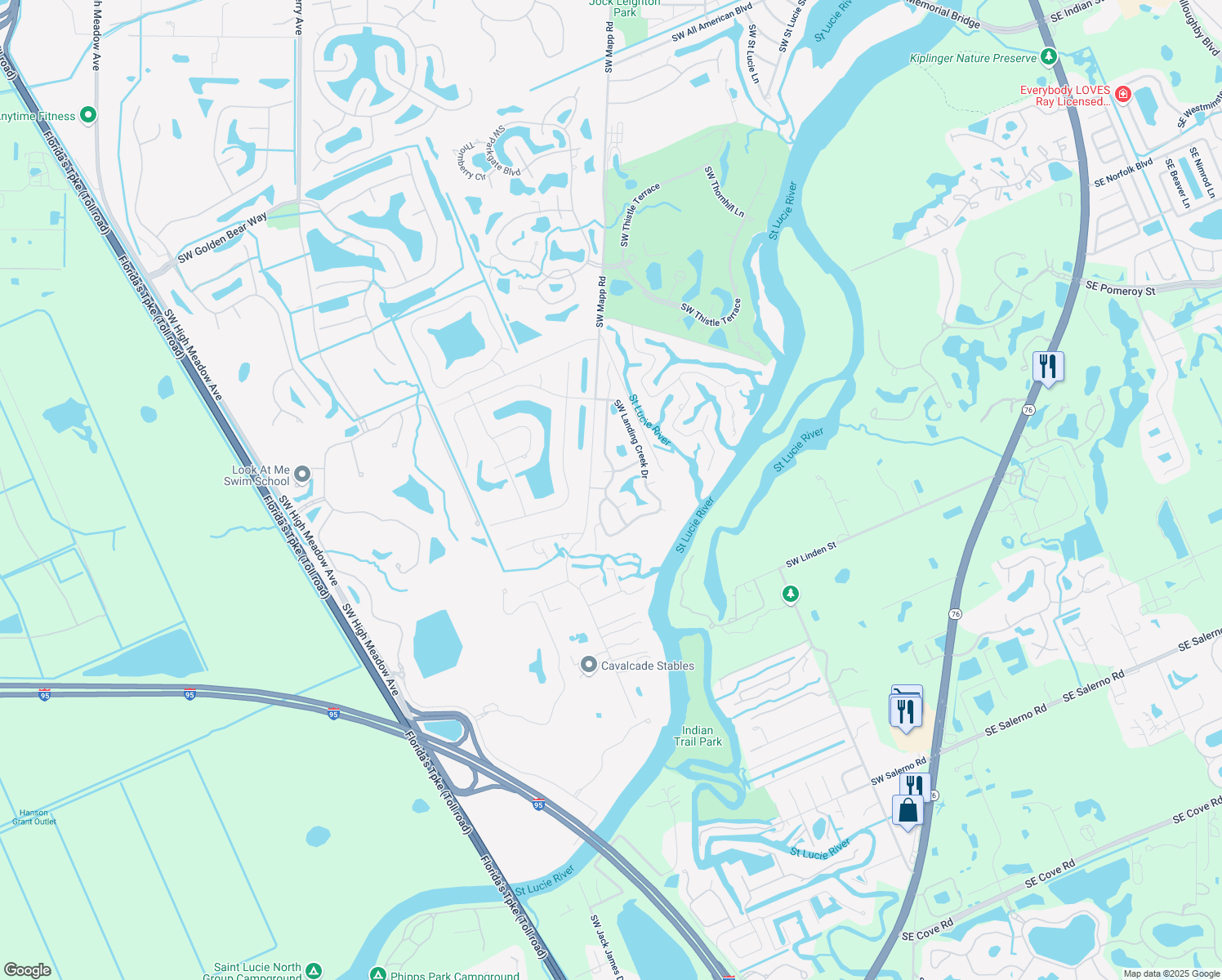 map of restaurants, bars, coffee shops, grocery stores, and more near 5139 Southwest Landing Creek Drive in Palm City