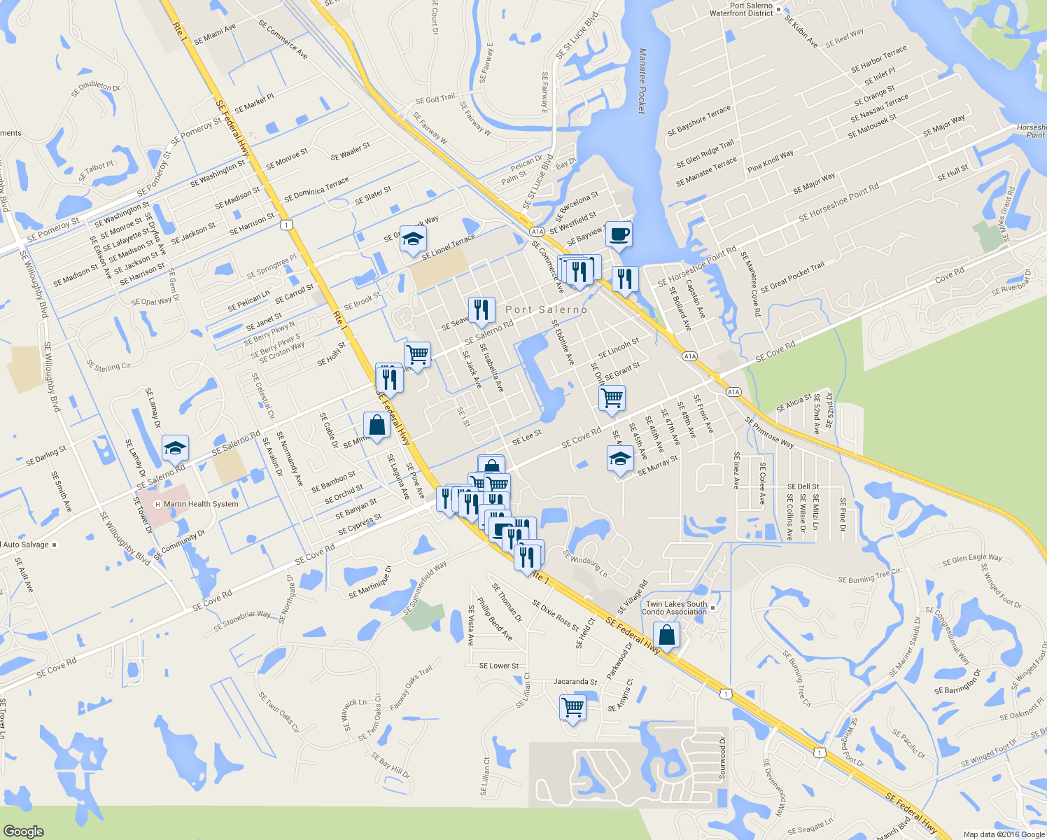 map of restaurants, bars, coffee shops, grocery stores, and more near 3848 Southeast Grant Street in Stuart