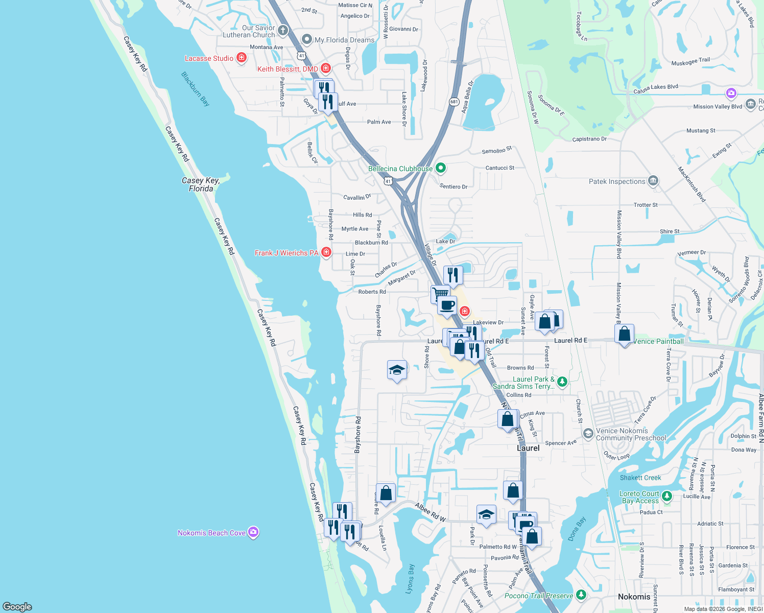 map of restaurants, bars, coffee shops, grocery stores, and more near 1232 Bayshore Road in Nokomis