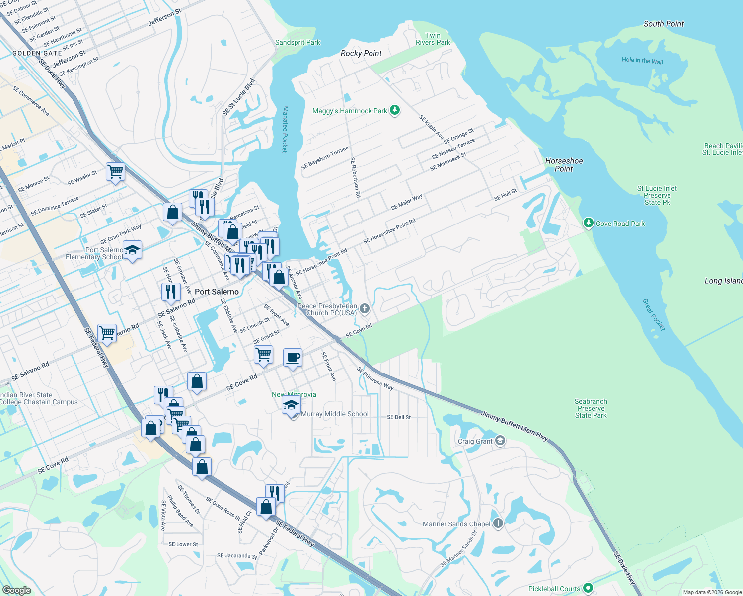 map of restaurants, bars, coffee shops, grocery stores, and more near 5005 Southeast Manatee Cove Road in Stuart