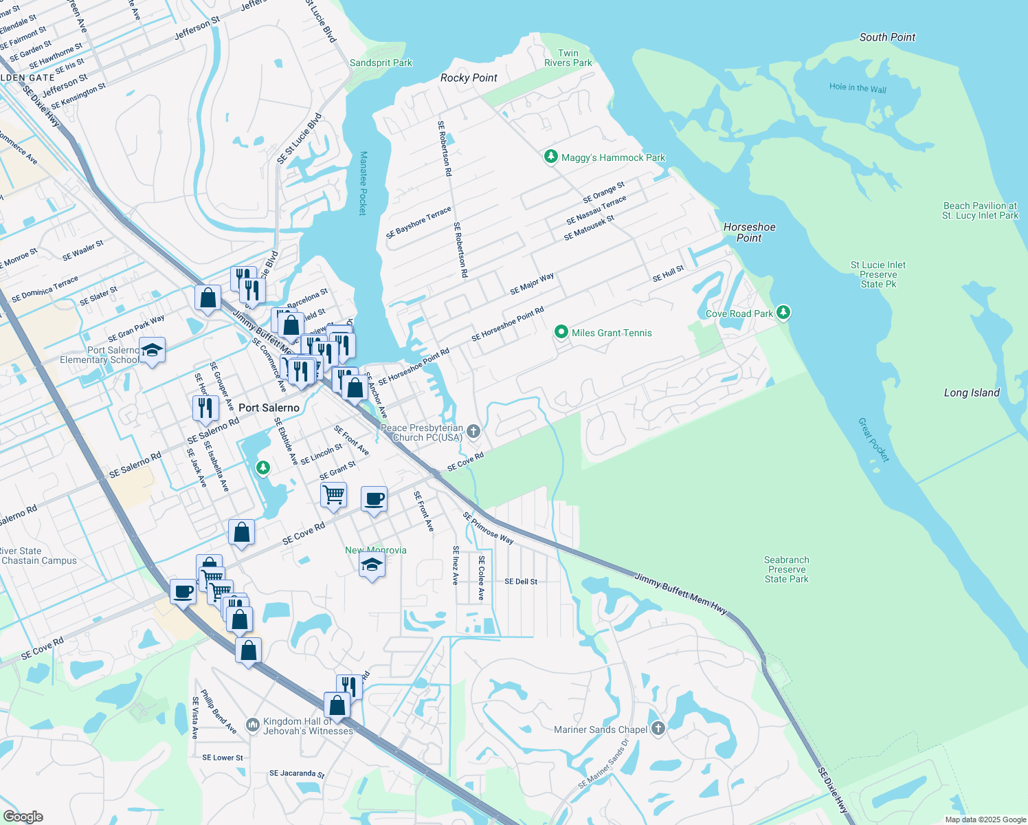 map of restaurants, bars, coffee shops, grocery stores, and more near 4990 Southeast Hanson Circle in Stuart