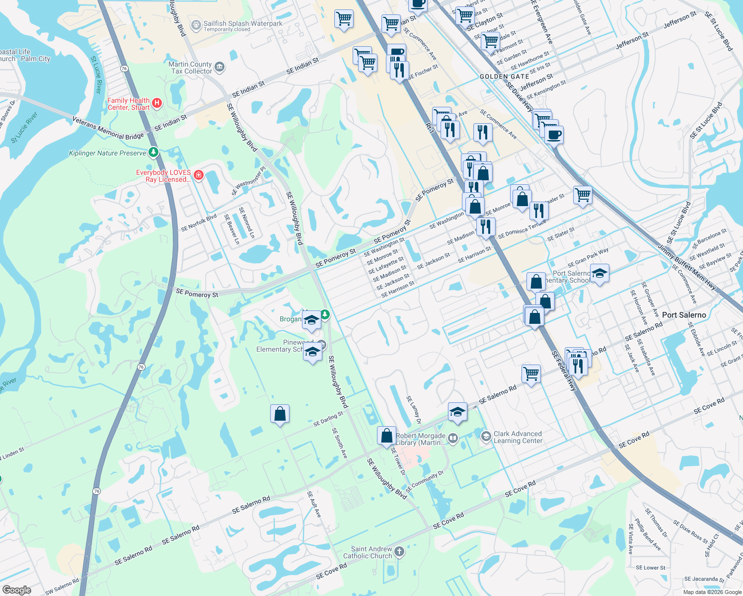 map of restaurants, bars, coffee shops, grocery stores, and more near 1947 Southeast Harrison Street in Stuart