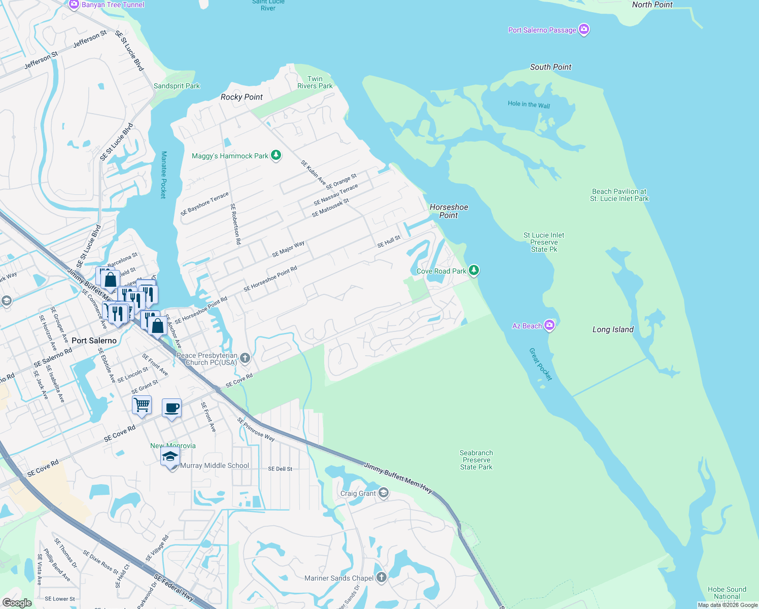 map of restaurants, bars, coffee shops, grocery stores, and more near 5145 Miles Grant Terrace in Stuart