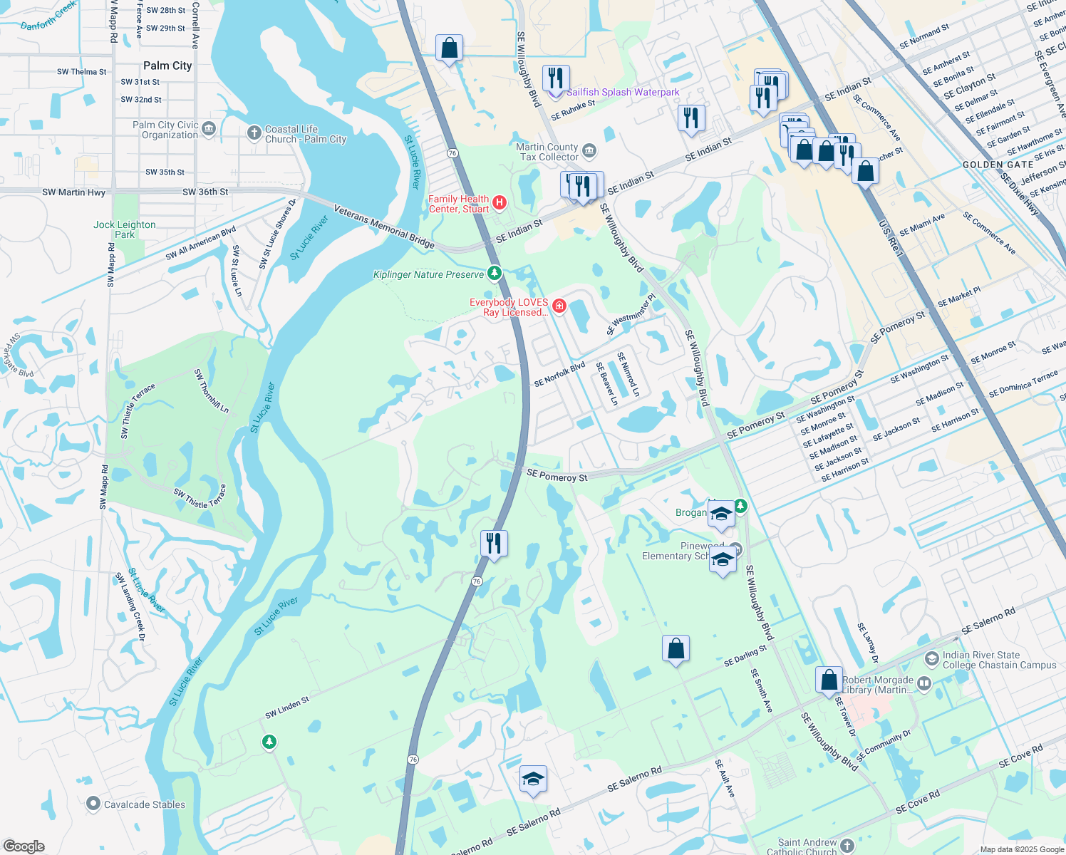 map of restaurants, bars, coffee shops, grocery stores, and more near 31 Southeast Ontario Way in Stuart