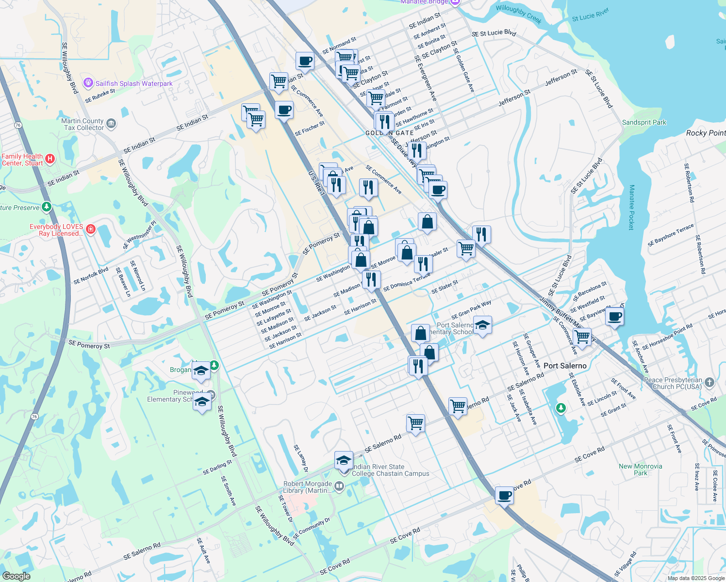 map of restaurants, bars, coffee shops, grocery stores, and more near 4492 Alden Avenue in Stuart