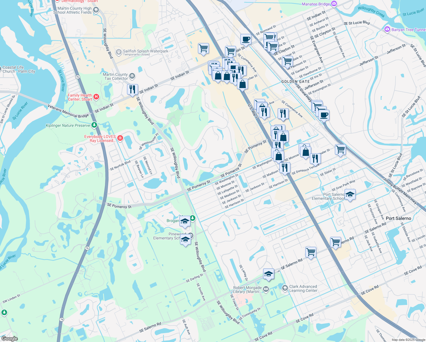 map of restaurants, bars, coffee shops, grocery stores, and more near 4506 Southeast Waterford Drive in Stuart