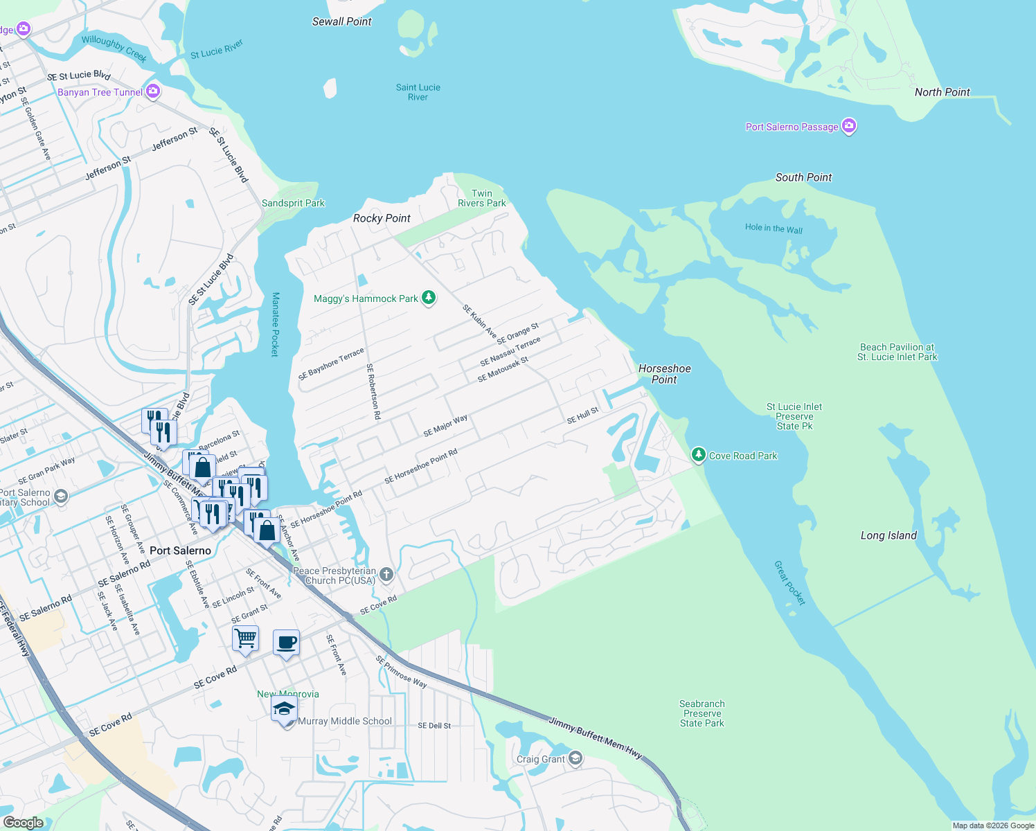 map of restaurants, bars, coffee shops, grocery stores, and more near 5529 Southeast Horseshoe Point Road in Stuart