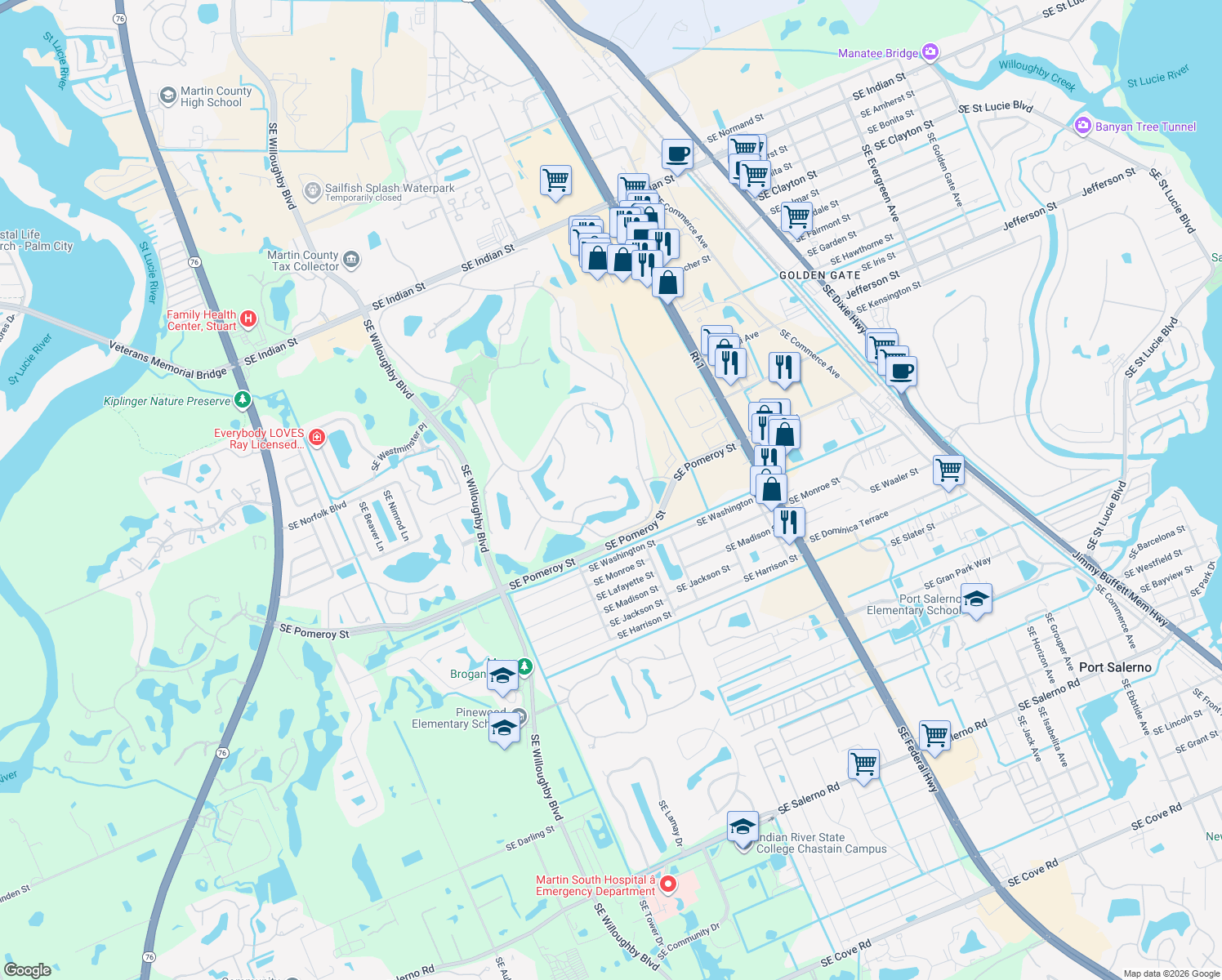map of restaurants, bars, coffee shops, grocery stores, and more near 2093 Southeast Talbot Place in Stuart