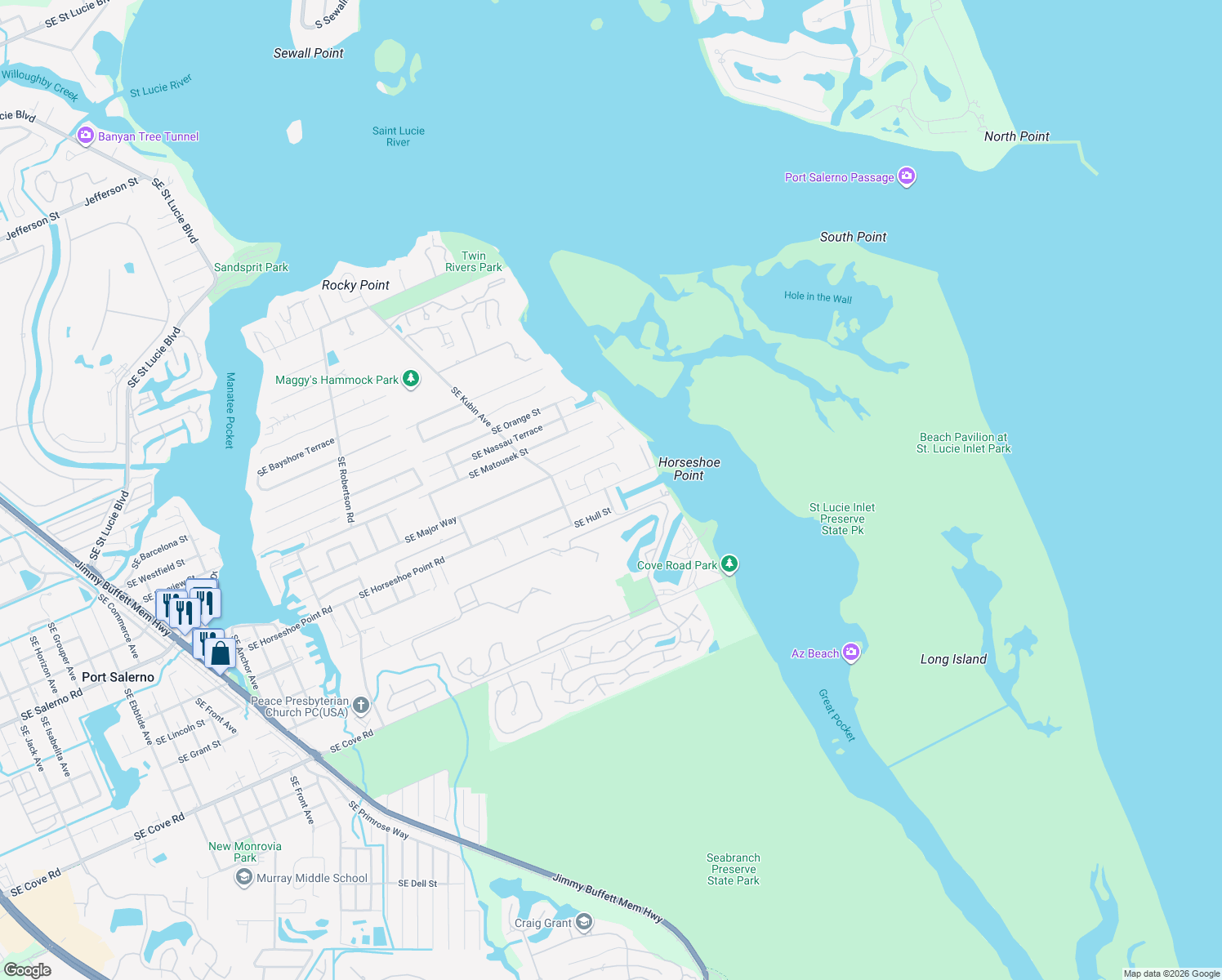 map of restaurants, bars, coffee shops, grocery stores, and more near 5794 Southeast Horseshoe Point Road in Stuart