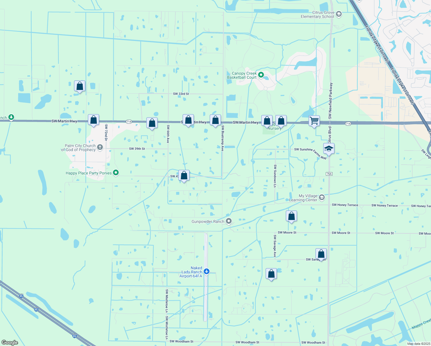 map of restaurants, bars, coffee shops, grocery stores, and more near 6051 Southwest 42nd Street in Palm City
