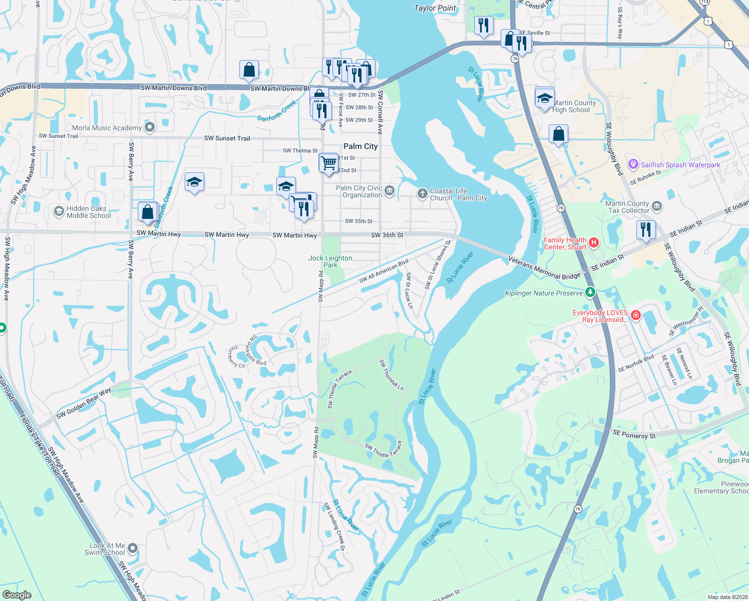 map of restaurants, bars, coffee shops, grocery stores, and more near 868 Southwest Catalina Street in Palm City
