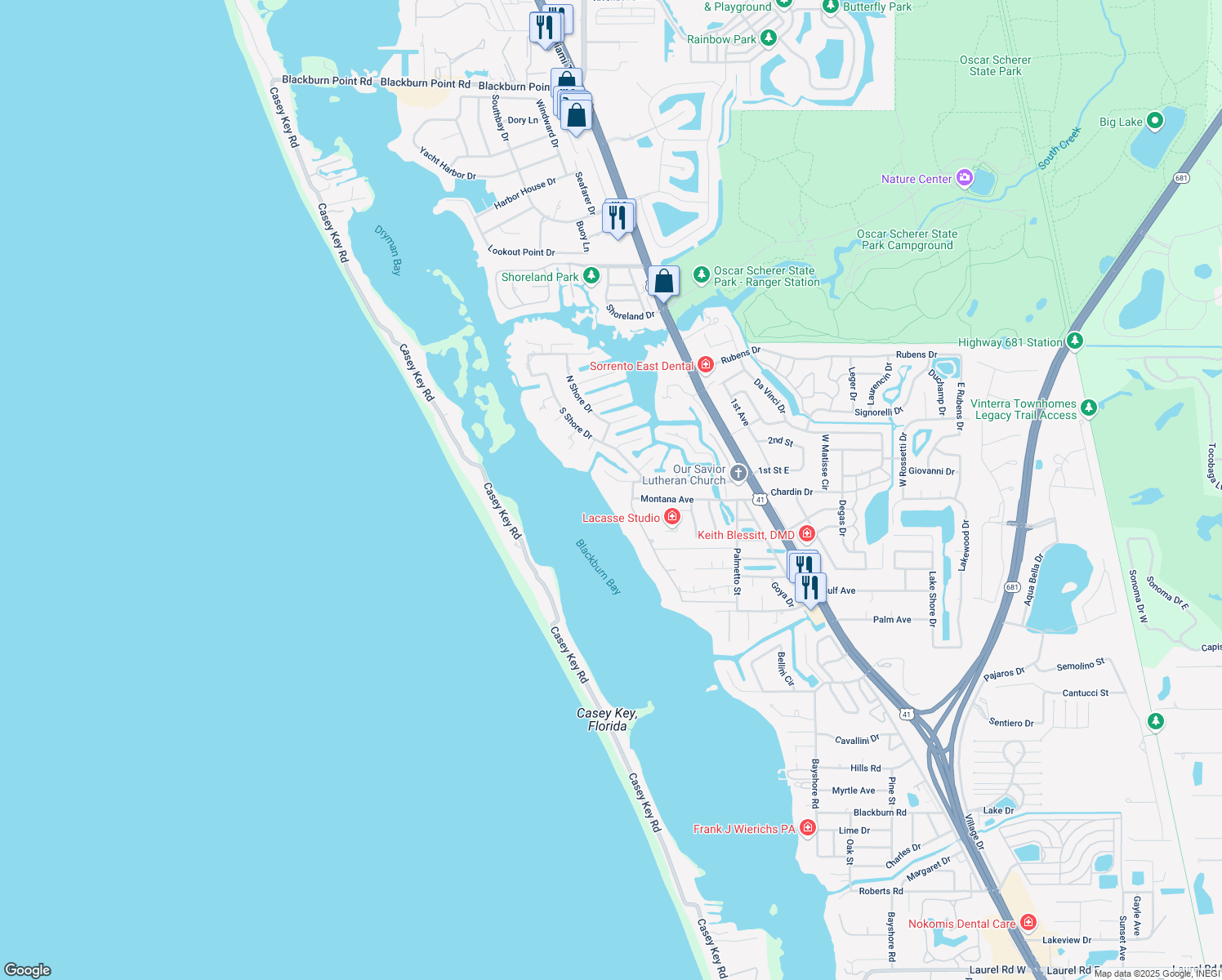 map of restaurants, bars, coffee shops, grocery stores, and more near 429 Sorrento Drive in Osprey