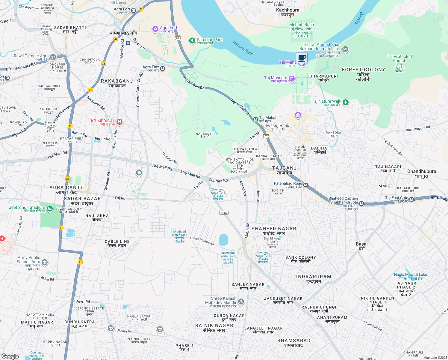 map of restaurants, bars, coffee shops, grocery stores, and more near Fatehabad Road in Agra